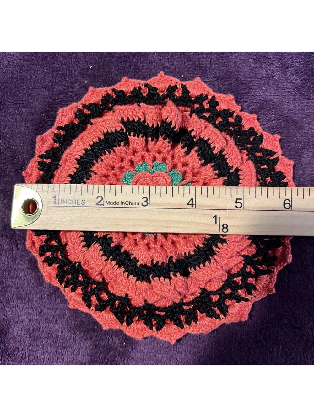 Vintage Handmade Crocheted Pot Holder Doily White Pink & Orange Green 5 1/2